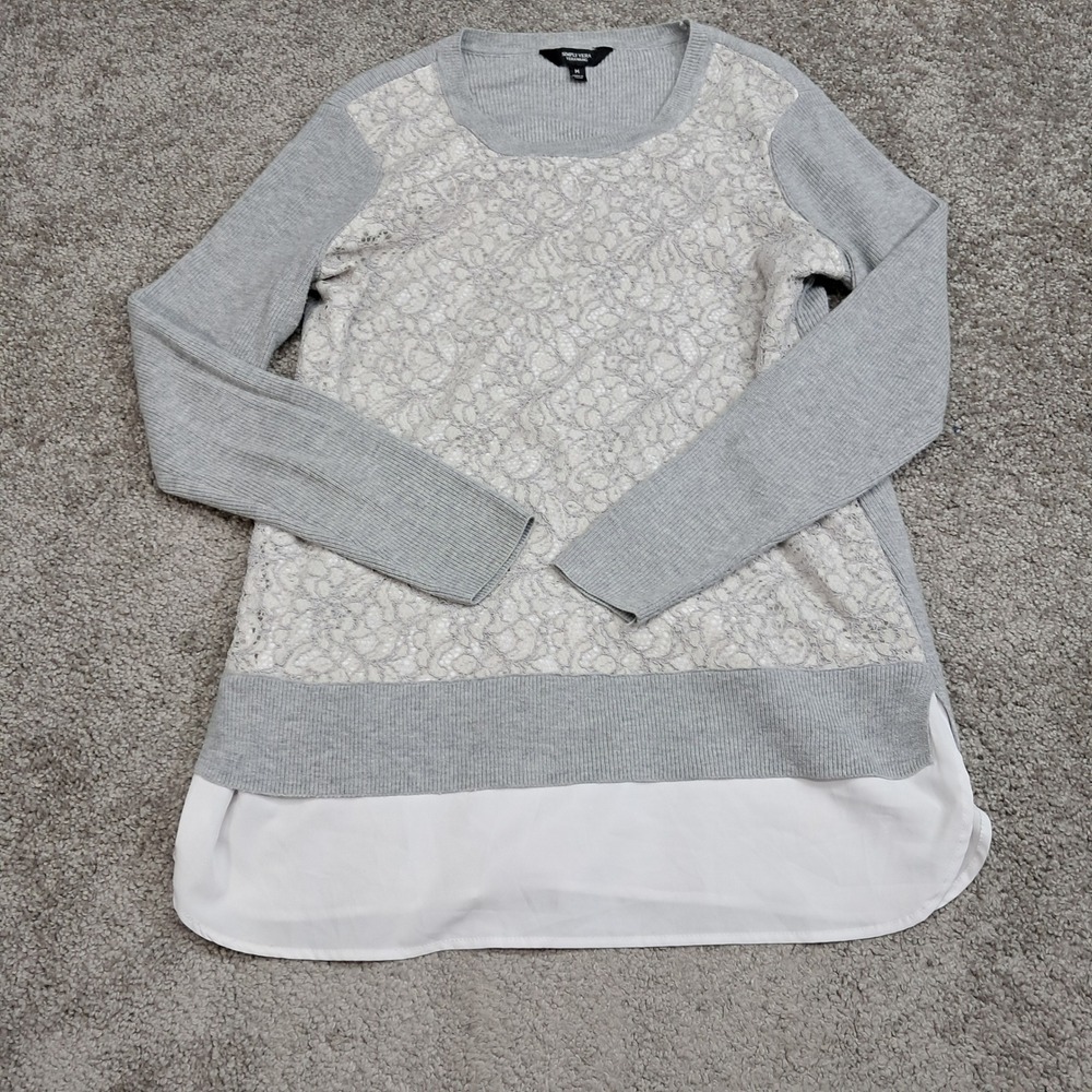 Simply Vera Vera Wang Womens Gray Lace Mixed Media Ribbed Sweater Size M 6945